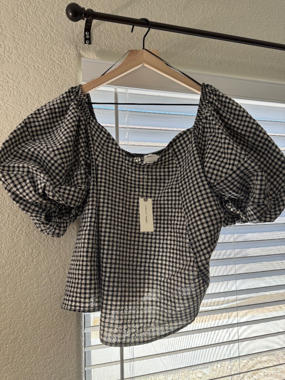 Anthropologie Maeve Puff-Sleeve Off-the-Shoulder Gingham Top